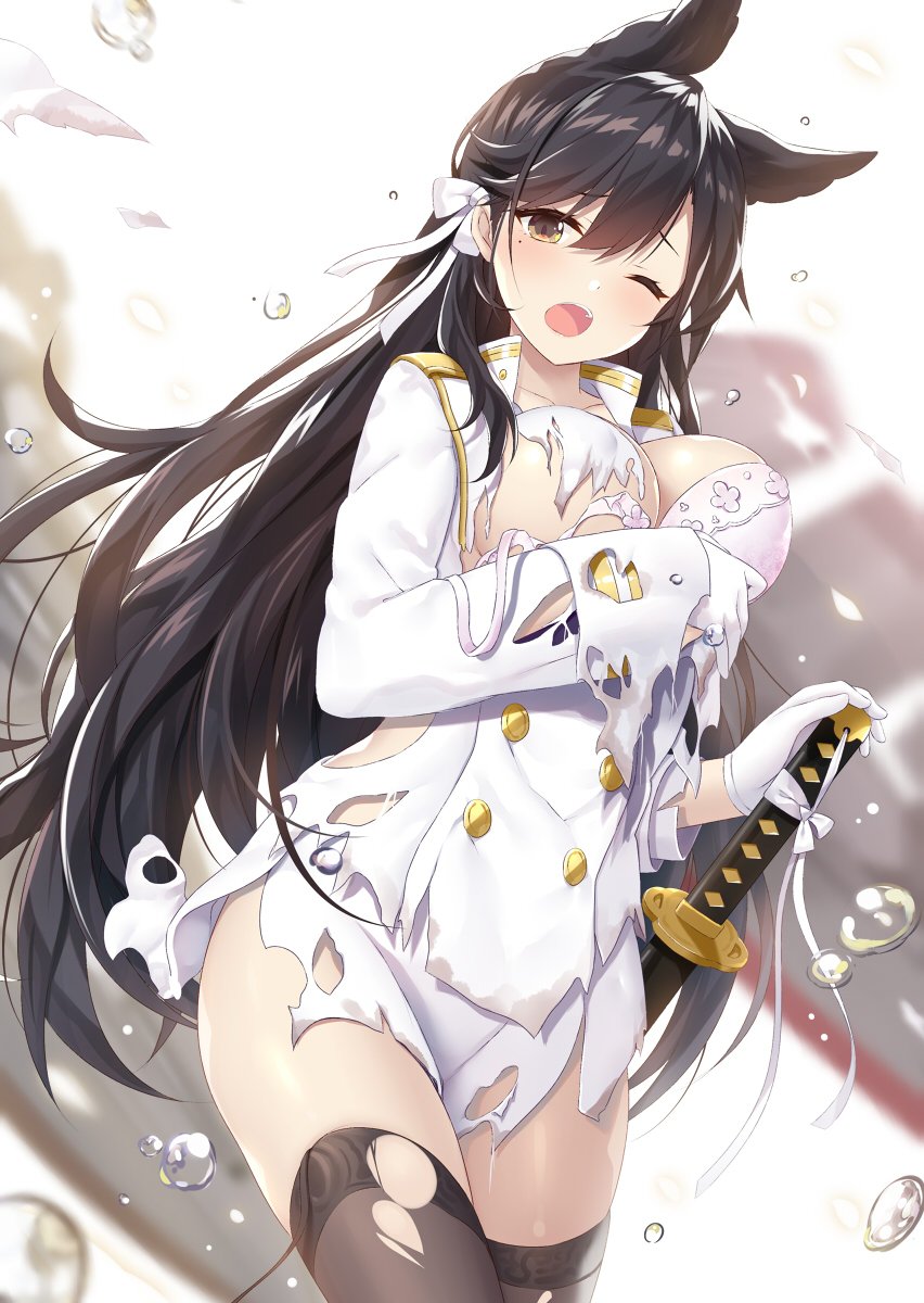 1girl atago_(azur_lane) azur_lane bangs black_hair black_legwear blurry blurry_background blush bra breasts brown_eyes buttons collarbone commentary_request gloves highres katana large_breasts long_hair long_sleeves mole mole_under_eye one_eye_closed open_mouth sheath sheathed shiny shiny_hair shiny_skin simple_background skirt solo sword torn_clothes torn_skirt underwear water water_drop weapon white_gloves yano_mitsuki