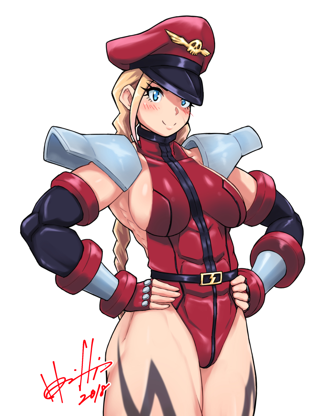 1girl 2018 abs blonde_hair blue_eyes blush braid breasts cammy_white closed_mouth cosplay cowboy_shot dated eyelashes fingerless_gloves gloves hands_on_hips hat highres hori_shin large_breasts leotard long_hair muscle muscular_female no_bra pauldrons peaked_cap red_gloves red_hat red_leotard sideboob simple_background skull smile solo standing street_fighter thighs turtleneck twin_braids vega vega_(cosplay) white_background