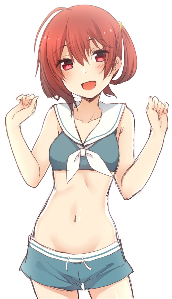 1girl :d bangs bare_arms bare_shoulders blue_shorts blush breasts collarbone commentary copyright_request cowboy_shot crop_top drawing english_commentary eyebrows_visible_through_hair hair_between_eyes hands_up nagami_yuu navel one_side_up open_mouth red_eyes redhead sailor_collar short_shorts shorts simple_background small_breasts smile solo white_background white_sailor_collar