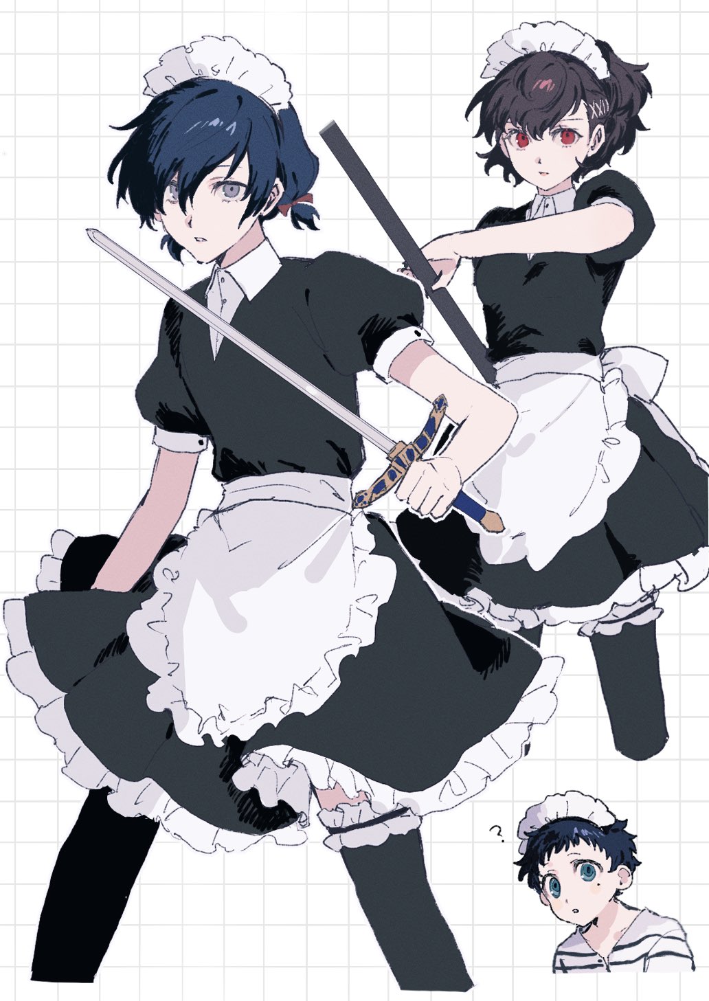 1girl 2boys :o ? apron back_bow black_dress black_hair blue_eyes blue_hair bow collared_dress cropped_legs crossdressing dress frilled_apron frilled_thighhighs frills grey_eyes grid_background hair_between_eyes highres holding holding_polearm holding_sword holding_weapon m0rtalcoil0 maid maid_apron maid_headdress male_maid mole mole_under_mouth multiple_boys official_alternate_costume persona persona_3 persona_3:_dancing_moon_night persona_3_portable persona_dancing pharos polearm ponytail puffy_short_sleeves puffy_sleeves red_eyes shiomi_kotone shirt short_sleeves short_twintails simple_background striped_clothes striped_shirt sword thigh-highs twintails weapon white_apron white_background wing_collar yuuki_makoto_(persona_3)