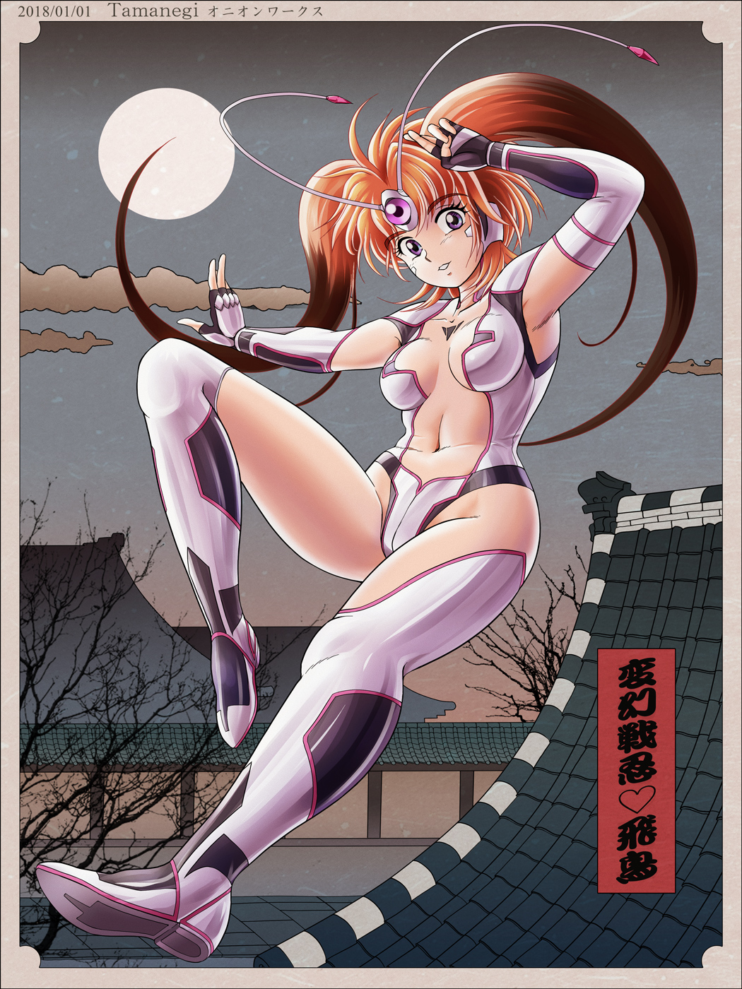 1girl 2018 antennae architecture asuka_(hengen_sennin_asuka) boots border breasts center_opening clouds collarbone dated east_asian_architecture elbow_gloves eyebrows_visible_through_hair fingerless_gloves full_body full_moon gloves heart hengen_sennin_asuka highres leg_up leotard looking_at_viewer magical_girl medium_breasts moon navel orange_hair outdoors sky solo tamanegiinyo thigh-highs thigh_boots twintails violet_eyes white_legwear white_leotard