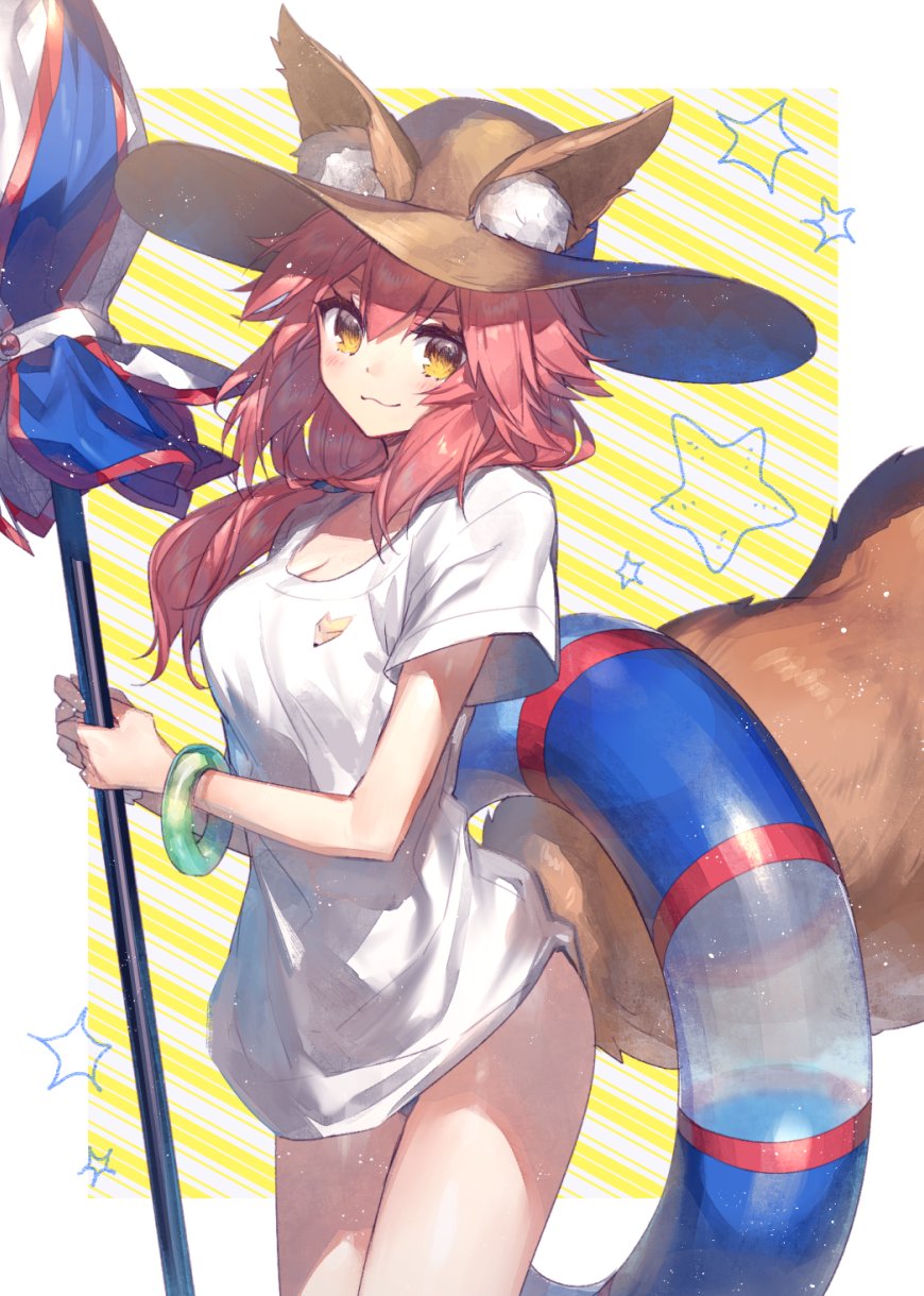 1girl :3 animal_ears blush breasts chocoan cleavage eyebrows_visible_through_hair fate/grand_order fate_(series) fox_ears fox_tail hair_between_eyes hat highres innertube pink_hair solo straw_hat tail tamamo_(fate)_(all) tamamo_no_mae_(swimsuit_lancer)_(fate) thighs yellow_eyes
