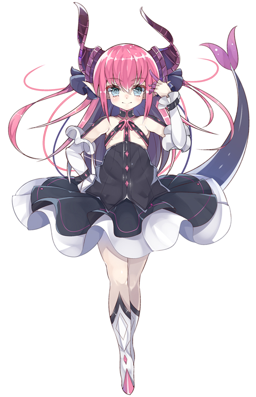 1girl arm_up asymmetrical_horns bangs black_dress black_ribbon blue_eyes blush boots breasts cer_(cerber) closed_mouth curled_horns detached_sleeves dragon_girl dragon_horns dragon_tail dress elizabeth_bathory_(fate) elizabeth_bathory_(fate)_(all) eyebrows_visible_through_hair fate/extra fate/extra_ccc fate_(series) full_body hair_between_eyes hair_ribbon horns knee_boots long_hair long_sleeves pink_hair pointy_ears ribbon simple_background small_breasts smile solo standing tail two_side_up very_long_hair white_background white_footwear