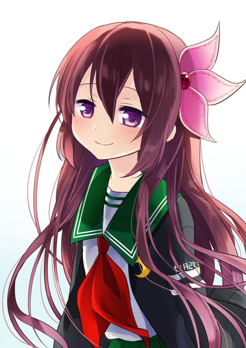 1girl black_jacket brown_hair commentary_request crescent crescent_moon_pin green_sailor_collar green_skirt hair_ornament highres jacket kantai_collection kisaragi_(kantai_collection) long_hair nagasioo neckerchief open_clothes open_jacket pleated_skirt remodel_(kantai_collection) sailor_collar school_uniform serafuku simple_background skirt smile solo violet_eyes white_background