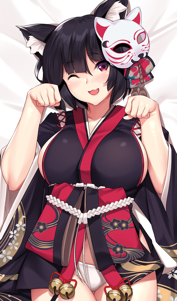 1girl ;d animal_ears azur_lane bed_sheet bell black_hair breasts cat_ears cat_mask dakimakura eyebrows_visible_through_hair fang japanese_clothes jingle_bell large_breasts looking_at_viewer mask mask_on_head one_eye_closed open_mouth panties paw_pose short_hair smile solo tony_guisado underwear violet_eyes white_panties yamashiro_(azur_lane)