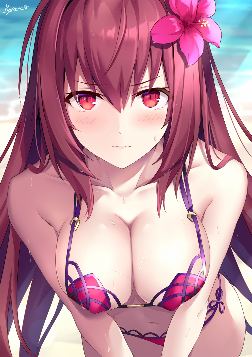 1girl 3: bikini blush breasts cleavage commentary_request erect_nipples eyebrows_visible_through_hair fate/grand_order fate_(series) flower hair_intakes hibiscus highres large_breasts long_hair looking_at_viewer purple_bikini purple_hair red_eyes rin_yuu scathach_(fate/grand_order) scathach_(swimsuit_assassin)_(fate) swimsuit v-shaped_eyebrows very_long_hair