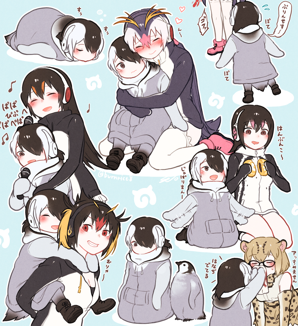 6+girls animal_ears bare_shoulders black_hair blonde_hair blood blush bow bowtie cat_ears cat_tail child comic commentary_request eating elbow_gloves emperor_penguin emperor_penguin_(kemono_friends) eyebrows_visible_through_hair food gentoo_penguin_(kemono_friends) glasses gloves hair_over_one_eye headphones hood hoodie hug hug_from_behind humboldt_penguin_(kemono_friends) japari_bun kemono_friends long_hair long_sleeves margay_(kemono_friends) margay_print microphone multicolored_hair multiple_girls music musical_note nose_blush nosebleed orange_hair penguin_tail purple_hair rockhopper_penguin_(kemono_friends) royal_penguin_(kemono_friends) seto_(harunadragon) short_hair singing skirt sleeping tail thigh-highs translation_request twintails vest wavy_mouth white_hair