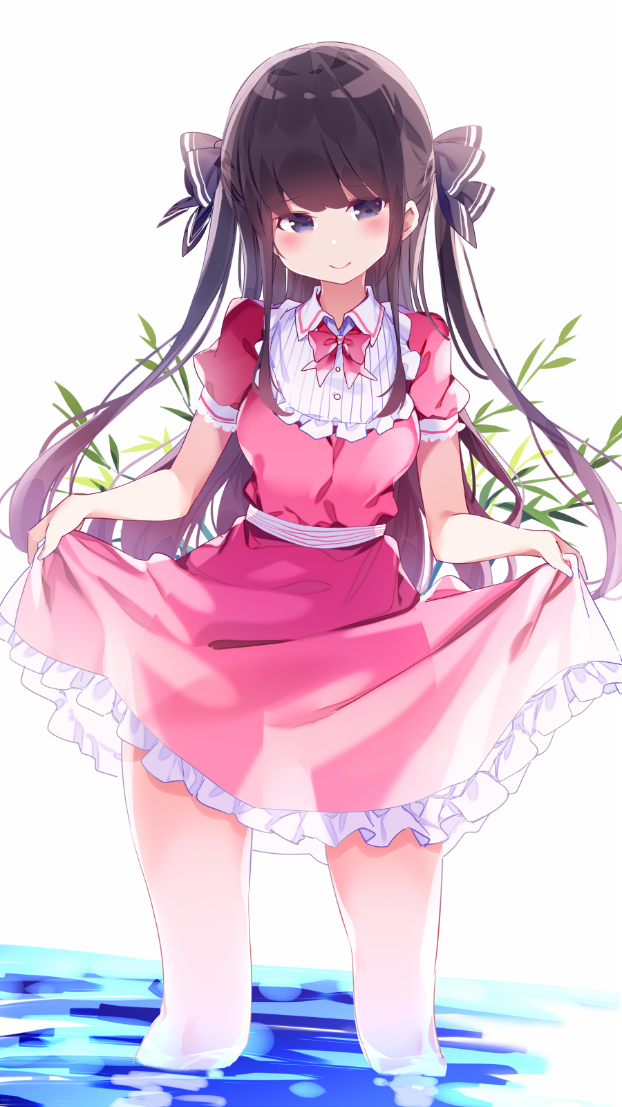 1girl black_bow blush bow breasts brown_hair chikuwa. closed_mouth commentary_request dress frilled_dress frills hair_bow highres long_hair looking_at_viewer medium_breasts original pink_dress puffy_short_sleeves puffy_sleeves see-through_silhouette short_sleeves skirt_hold smile solo standing two_side_up very_long_hair violet_eyes wading water white_background