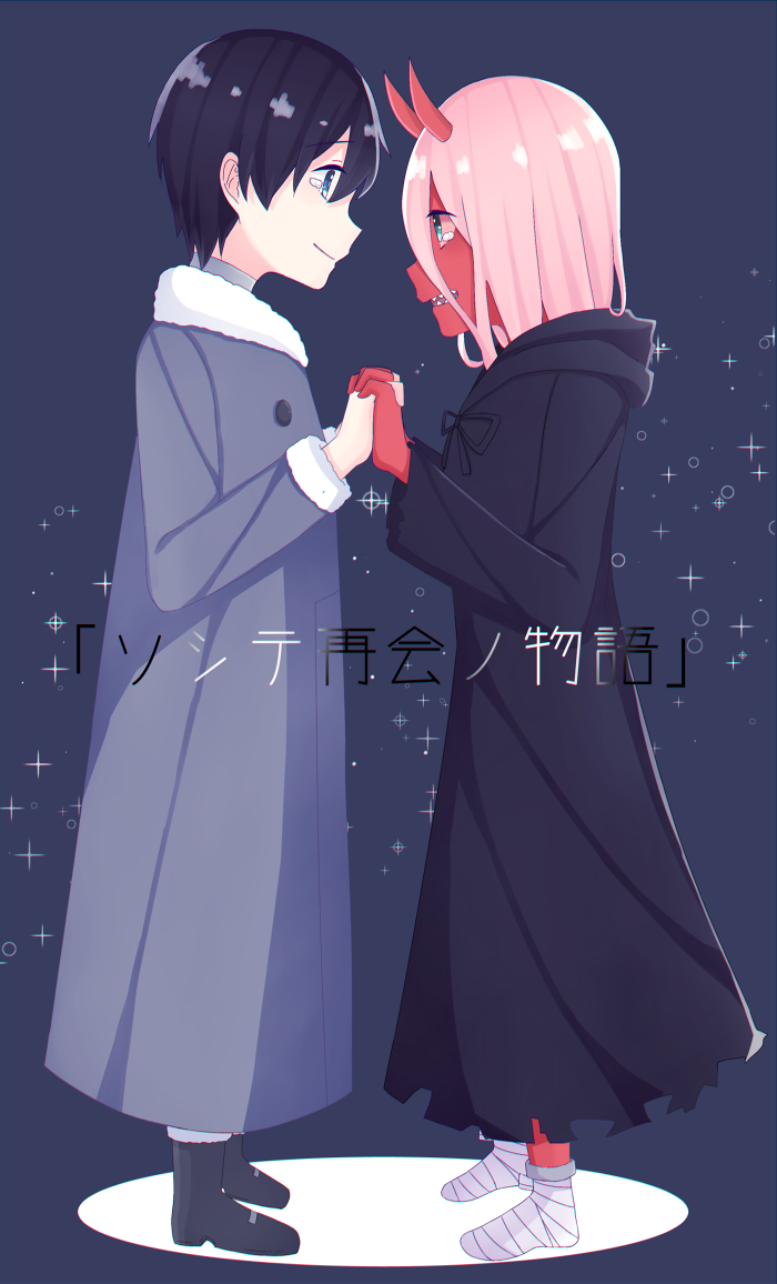 1boy 1girl bandage black_cloak black_hair blue_eyes boots cloak coat commentary_request couple darling_in_the_franxx face-to-face facing_another fingernails fur_boots fur_trim green_eyes grey_coat hand_holding hetero hiro_(darling_in_the_franxx) hood hooded_cloak horns long_hair looking_at_another nakodayo09 oni_horns parka pink_hair red_horns red_pupils red_sclera red_skin short_hair spoilers winter_clothes winter_coat younger zero_two_(darling_in_the_franxx)