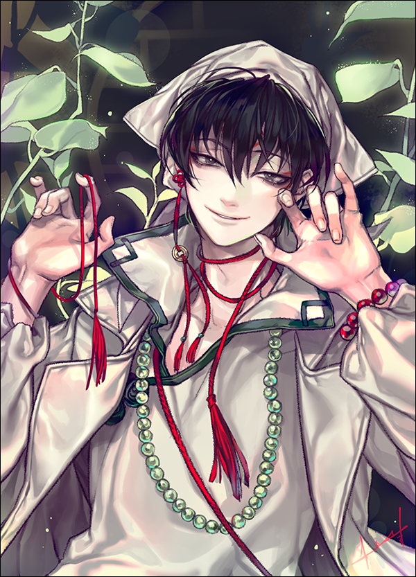 1boy akgi black_background black_hair brown_eyes coat grin hakutaku_(hoozuki_no_reitetsu) hoozuki_no_reitetsu jewelry long_sleeves looking_at_viewer male_focus necklace open_clothes open_coat pearl_necklace plant red_string shirt smile solo string white_shirt