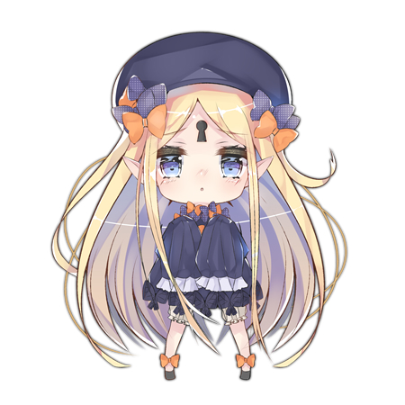 1girl :o abigail_williams_(fate/grand_order) bangs black_bow black_dress black_footwear black_hat blonde_hair bloomers blue_eyes blush bow bug butterfly cer_(cerber) chibi dress fate/grand_order fate_(series) full_body hair_bow hands_up hat insect keyhole long_hair long_sleeves lowres orange_bow parted_bangs parted_lips pointy_ears polka_dot polka_dot_bow simple_background sleeves_past_fingers sleeves_past_wrists solo standing underwear very_long_hair white_background white_bloomers