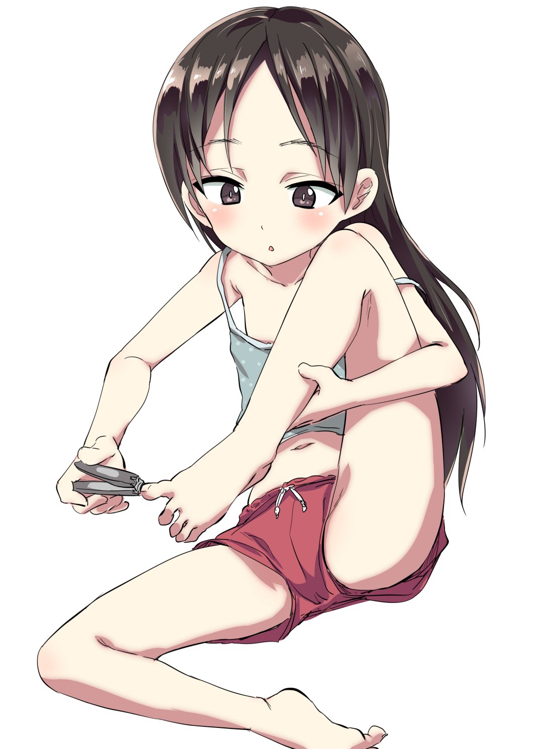 1girl bare_legs barefoot brown_hair clipping_nails commentary_request eyebrows_visible_through_hair flat_chest highres knee_up long_hair miyao_ryuu nail_clippers navel original short_shorts shorts sitting solo stomach tank_top toes white_background