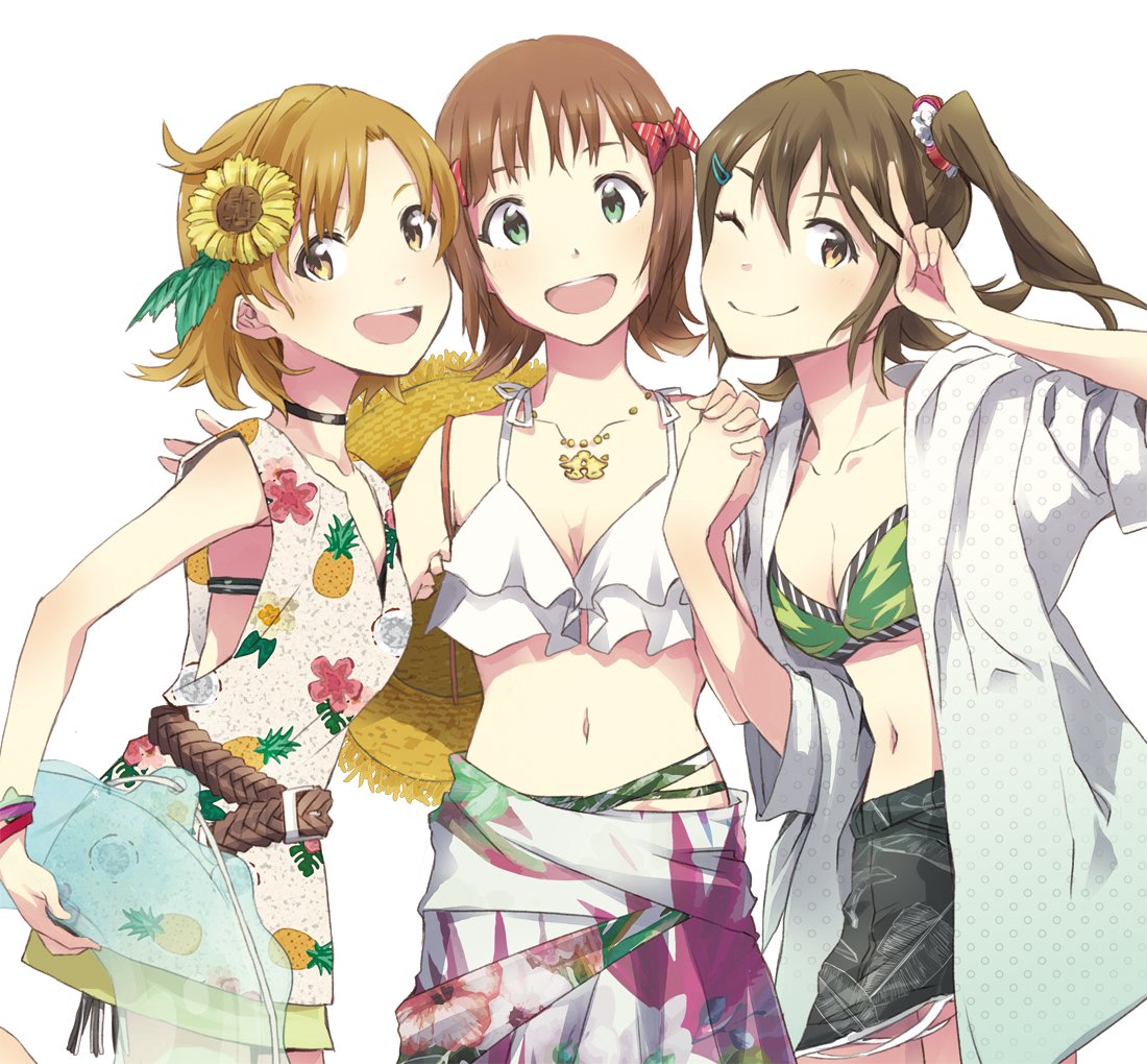 3girls :d ;) amami_haruka arm_grab bangs bikini bikini_under_clothes black_choker black_skirt bow bracelet breasts brown_eyes brown_hair character_request choker cleavage collarbone dress floral_print flower green_bikini_top green_eyes hair_bow hair_flower hair_ornament hairclip hand_on_another's_back hat hat_removed headwear_removed holding holding_weapon idolmaster idolmaster_million_live! innertube jacket jewelry kasuga_mirai looking_at_viewer midriff multiple_girls navel one_eye_closed one_side_up open_mouth pendant pineapple_print print_dress red_bow round_teeth sarong scrunchie simple_background skirt small_breasts smile straw_hat striped striped_bow sun_hat sunflower swimsuit teeth upper_teeth v weapon white_background white_bikini yabuki_kana yellow_eyes yoshito