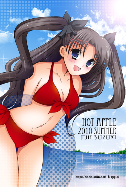 10s 1girl 2010 beach bikini black_hair blue_eyes blush cute day dutch_angle fate/stay_night fate_(series) innertube long_hair looking_at_viewer ocean open_mouth outdoors polka_dot red_bikini sky smile solo suzukijun_apple swimsuit tohsaka_rin