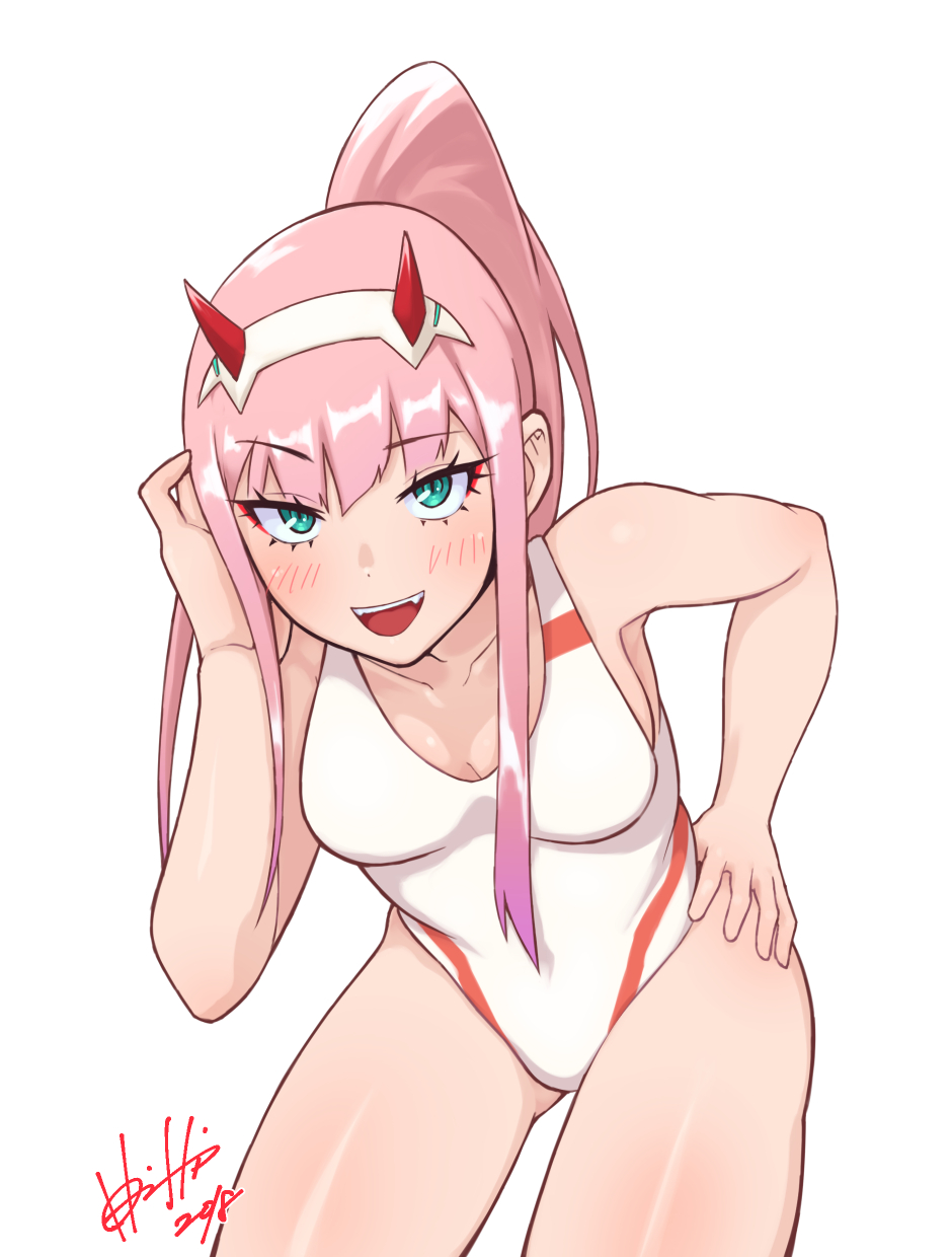 1girl 2018 :d aqua_eyes bangs bare_arms bare_shoulders breasts cleavage collarbone darling_in_the_franxx eyebrows_visible_through_hair eyelashes fangs hair_up hairband high_ponytail highres hori_shin legs_apart looking_at_viewer medium_breasts one-piece_swimsuit oni_horns open_mouth pink_hair ponytail raised_eyebrow sidelocks signature simple_background smile solo standing straight_hair swimsuit teeth tsurime white_background white_hairband white_swimsuit zero_two_(darling_in_the_franxx)