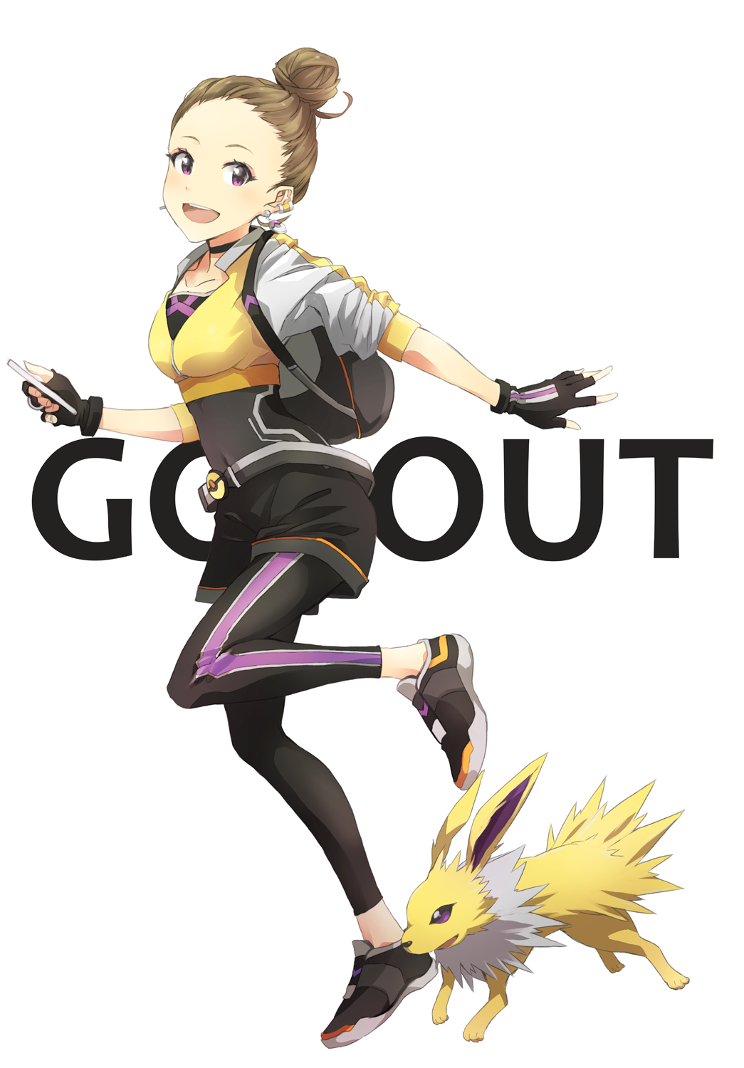 1girl :d backpack bag belt black_choker black_gloves black_shorts cellphone choker collarbone commentary_request cosplay covered_navel cropped_jacket earrings english female_protagonist_(pokemon_go) female_protagonist_(pokemon_go)_(cosplay) fingerless_gloves from_side gloves hair_bun hair_pulled_back highres holding holding_phone jewelry jolteon layered_clothing leggings looking_at_viewer open_mouth original phone pokeball_symbol pokemon pokemon_(creature) pokemon_go round_teeth shoes short_shorts short_sleeves shorts smartphone smile sneakers solo teeth upper_teeth violet_eyes white_background yoshito