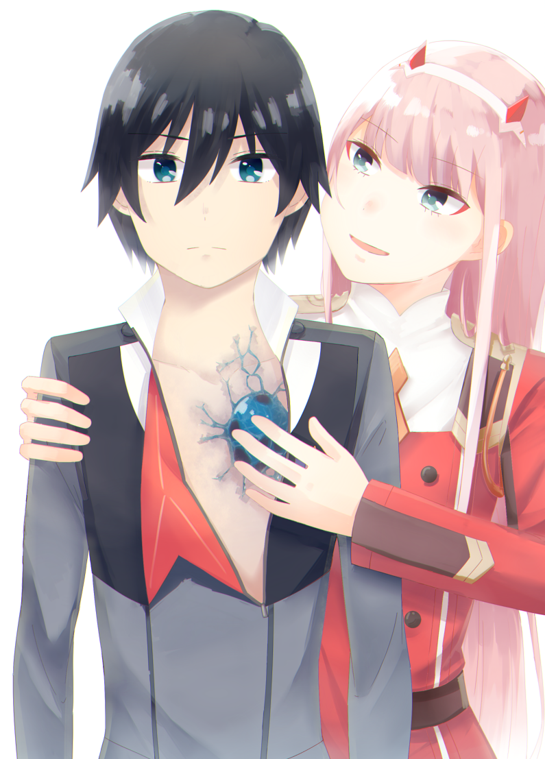 1boy 1girl bangs black_hair blue_eyes chest_scar commentary_request couple darling_in_the_franxx eyebrows_visible_through_hair fringe green_eyes hair_ornament hairband hand_on_another's_arm hand_on_another's_chest hetero hiro_(darling_in_the_franxx) horns hug hug_from_behind long_hair long_sleeves looking_at_another looking_at_viewer military military_uniform nakodayo09 necktie oni_horns open_clothes orange_neckwear pink_hair red_horns red_neckwear scar short_hair uniform white_hairband zero_two_(darling_in_the_franxx)