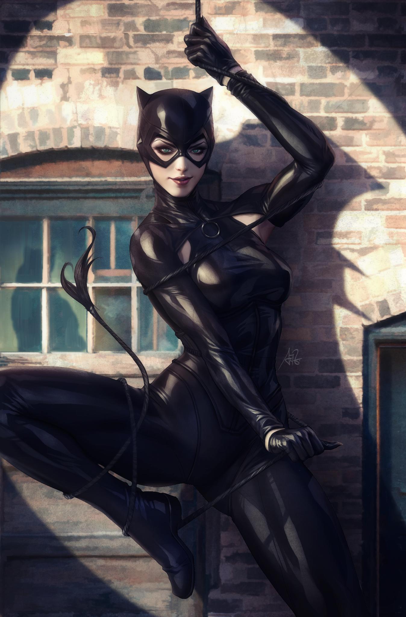 1girl animal_ears batman_(series) black_hair black_suit blue_eyes bodysuit breasts cat_ears catsuit catwoman dc_comics fake_animal_ears gloves goggles goggles_on_head highres lips looking_at_viewer mask official_art shiny shiny_clothes short_hair solo stanley_lau wall whip