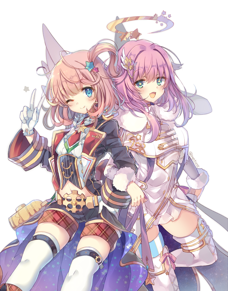 +_+ 2girls :d ;p aqua_eyes black_coat black_footwear black_shorts blue_eyes blue_legwear blush boots bow brown_hair cape dress gloves hair_ornament long_sleeves midriff mismatched_legwear multiple_girls navel one_eye_closed one_side_up open_mouth pink_bow pink_hair plaid rento_(rukeai) shironeko_project shirt short_hair short_shorts shorts simple_background smile standing standing_on_one_leg star star_hair_ornament starry_sky_print striped striped_legwear thigh-highs tongue tongue_out twitter_username v vertical-striped_legwear vertical_stripes white_background white_dress white_footwear white_gloves white_legwear white_shirt