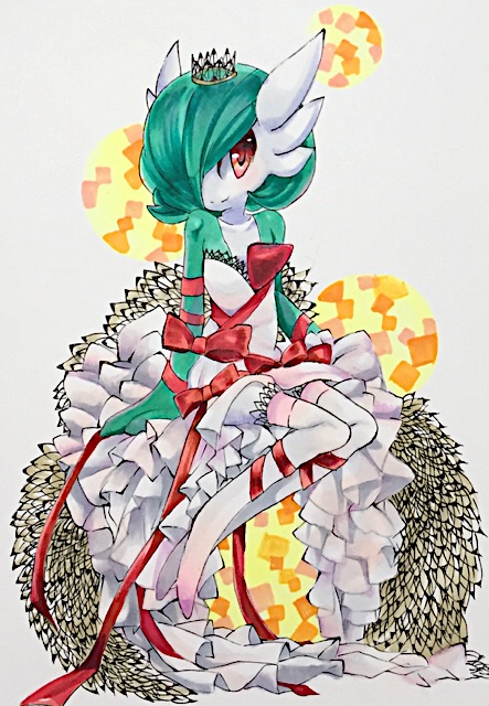 brown_eyes closed_mouth creature crown dress gardevoir gen_3_pokemon marker_(medium) no_humans pokemon pokemon_(creature) red_ribbon ribbon sitting smile solo soma_somari traditional_media white_background white_dress