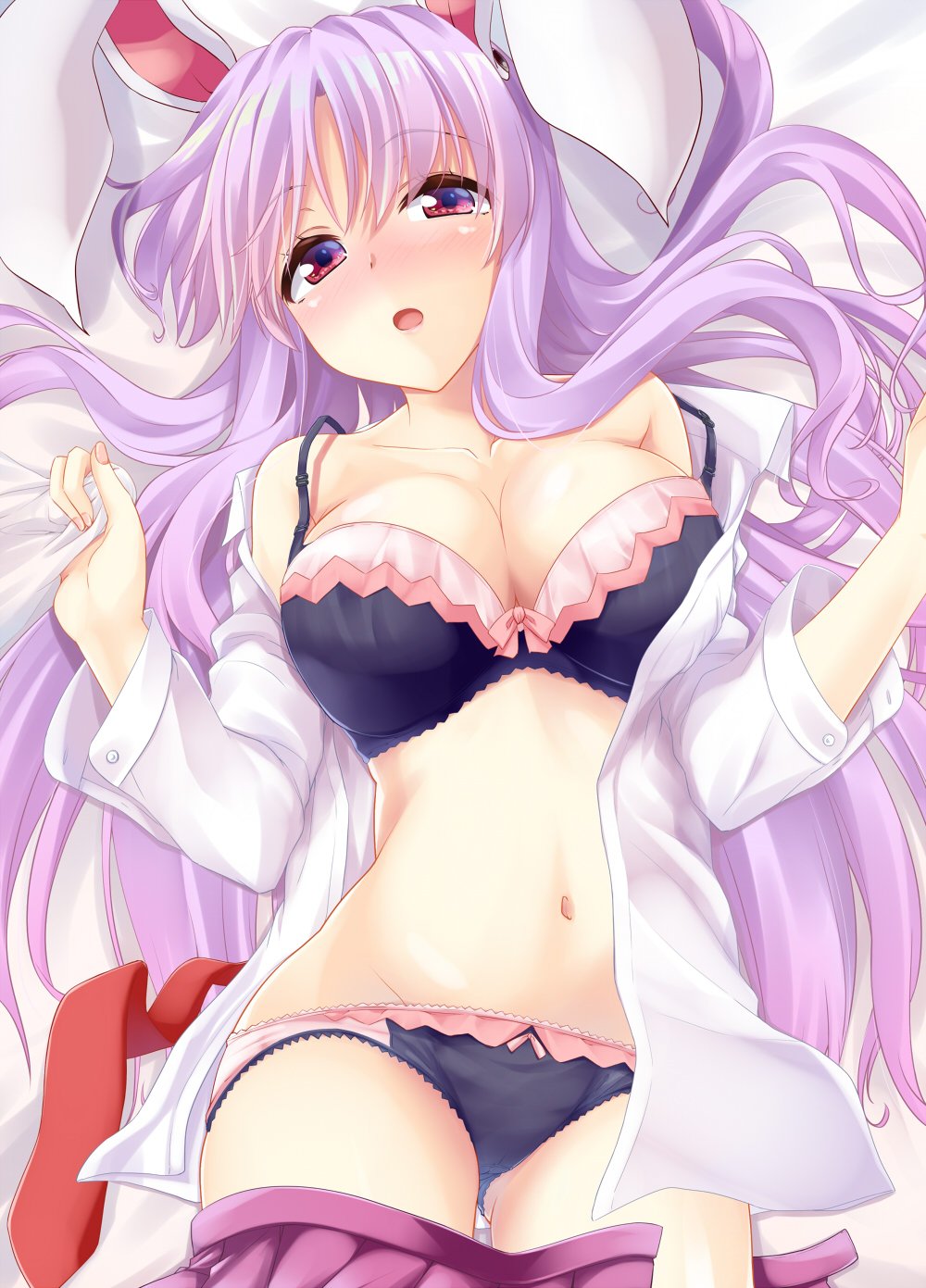 1girl :o animal_ears bare_shoulders blue_bra blue_panties blush bow bra breasts cleavage collarbone commentary_request cowboy_shot eyebrows_visible_through_hair gluteal_fold grabbing groin hands_up highres kue large_breasts long_hair long_sleeves looking_at_viewer lying multicolored multicolored_bra multicolored_clothes multicolored_panties nail_polish navel necktie necktie_removed nose_blush off_shoulder on_back open_mouth panties pink_bow pink_bra pink_nails pink_panties pink_skirt pleated_skirt purple_hair rabbit_ears red_eyes red_neckwear reisen_udongein_inaba shirt skirt skirt_down solo stomach strap_slip touhou underwear very_long_hair white_shirt