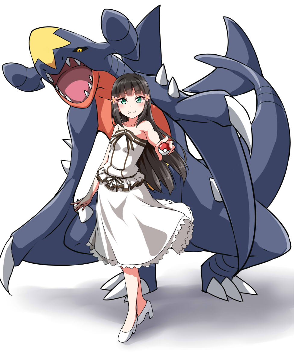 1girl bangs bare_shoulders black_hair black_sclera collarbone commentary_request crossover dragon fangs flower frills garchomp green_eyes hair_flower hair_ornament high_heels holding holding_poke_ball kurosawa_dia long_hair looking_at_viewer love_live! love_live!_sunshine!! mole mole_under_mouth neck_ribbon poke_ball pokemon pokemon_(creature) ribbon skirt smile spikes standing strapless striped_neckwear torikoriko_please!! white_background white_footwear white_skirt yellow_eyes yopparai_oni