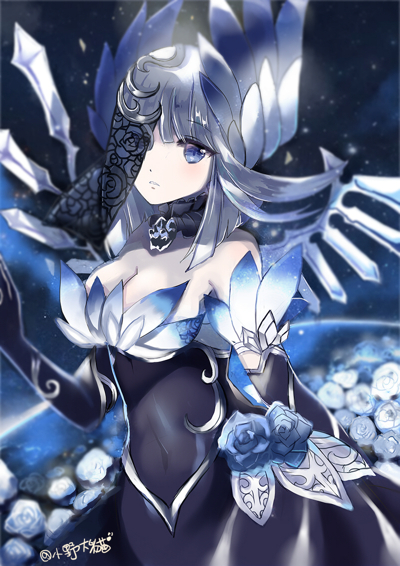 1girl bangs bare_shoulders black_dress black_gloves blue_eyes blue_flower blue_rose breasts character_request cleavage commentary_request dress elbow_gloves eyebrows_visible_through_hair flower gloves hair_between_eyes looking_at_viewer lunacats medium_breasts one_eye_closed parted_lips puzzle_&amp;_dragons rose silver_hair solo strapless strapless_dress white_flower white_rose wings