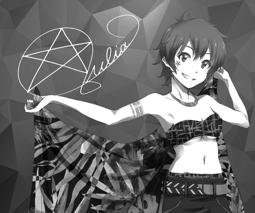 1girl bandeau belt blanket breasts character_name character_signature facial_mark greyscale grin holding idolmaster idolmaster_million_live! jewelry julia_(idolmaster) midriff monochrome navel necklace panties panty_peek pentagram short_hair shoulder_tattoo small_breasts smile solo star tattoo under_boob underwear yoshito