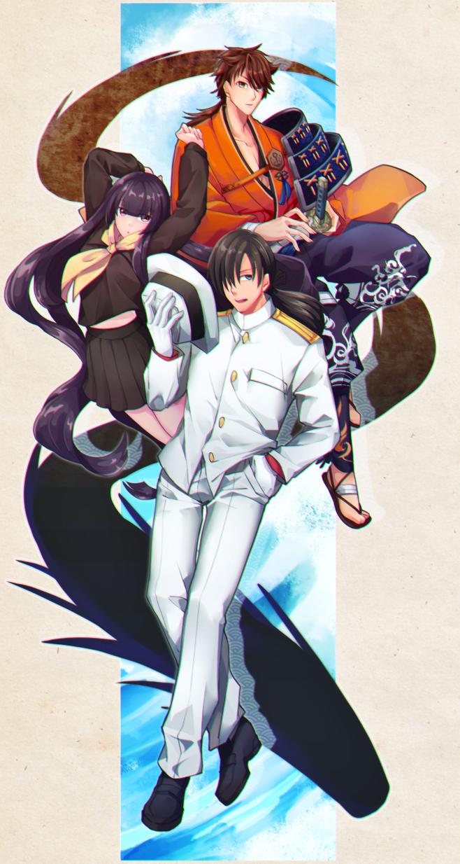 1girl 2boys armor black_hair brown_hair crossover fate/grand_order fate_(series) gloves hair_over_one_eye hand_in_pocket hat hat_removed headwear_removed highres japanese_armor japanese_clothes katana multiple_boys multiwhite mutsu-no-kami_yoshiyuki neckerchief open_mouth oryuu_(fate) pleated_skirt ponytail sakamoto_ryouma_(fate) sandals skirt sode sword touken_ranbu violet_eyes weapon white_gloves yellow_eyes