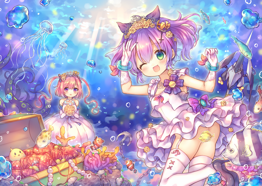 2girls :o ;d air_bubble anchor azur_lane black_footwear black_ribbon blue_flower blush bouquet bubble chains clownfish commentary_request coral coral_reef crown dappled_sunlight dress elbow_gloves fish flower gem gloves green_eyes hair_flower hair_ornament hair_ribbon high_heels holding holding_bouquet javelin javelin_(azur_lane) jellyfish juno_(azur_lane) long_hair looking_at_viewer looking_to_the_side mini_crown multiple_girls object_namesake one_eye_closed open_mouth outdoors pink_hair pjrmhm_coa purple_hair ribbon rose ruby_(stone) shoes sleeveless sleeveless_dress smile standing standing_on_one_leg suction_cups sunlight tentacle thigh-highs tiara treasure_chest two_side_up underwater very_long_hair violet_eyes weapon wedding_dress white_dress white_gloves white_legwear yellow_flower yellow_rose