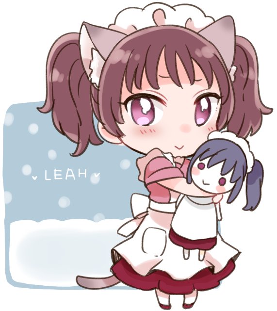 1girl :&gt; animal_ears apron blue_hair blush brown_hair cat_ears cat_tail character_doll character_name chibi commentary_request doll full_body holding holding_doll izumi_kirifu kazuno_leah kazuno_sarah kemonomimi_mode looking_at_viewer love_live! love_live!_sunshine!! maid maid_headdress red_footwear red_skirt short_sleeves side_ponytail skirt smile snow snowing solo standing tail twintails violet_eyes waist_apron white_apron
