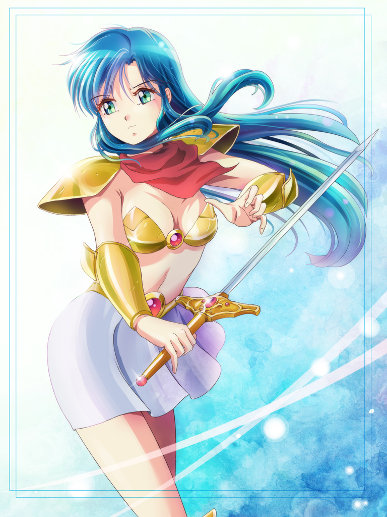 1girl aqua_eyes armor asou_yuuko bandanna bangs bikini_armor blue_hair breasts cleavage closed_mouth eyebrows_visible_through_hair floating_hair frown glint gold_armor hair_between_eyes holding holding_sword holding_weapon medium_breasts midriff miniskirt mugen_senshi_valis pauldrons skirt solo sparkle sword tamanegiinyo valis vambraces weapon white_skirt