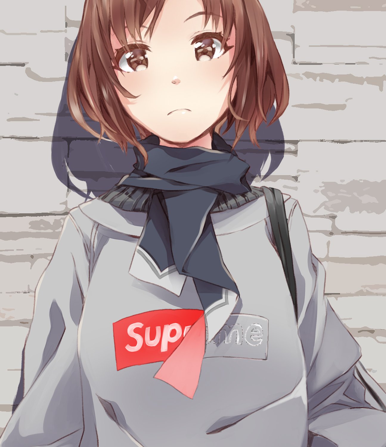 1girl against_wall backpack bag bangs black_scarf brown_eyes brown_hair commentary english_commentary fashion frown grey_shirt highres logo long_sleeves looking_at_viewer original peeling scarf shadow shirt short_hair solo stone_wall supreme sweatshirt upper_body wall yoshito