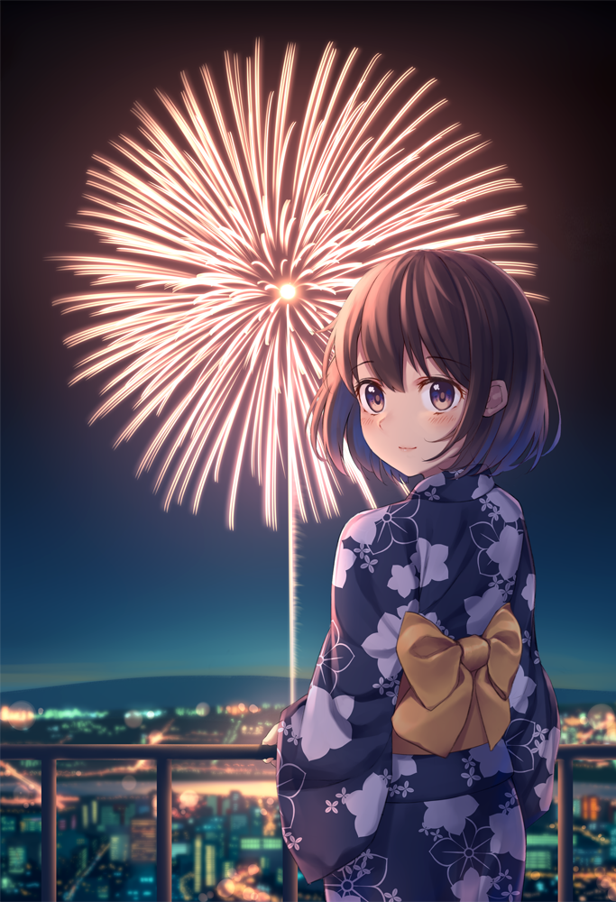 1girl blush bow brown_eyes brown_hair city fireworks floral_print horizon japanese_clothes kawami_nami kimono long_sleeves looking_at_viewer looking_back night night_sky original outdoors purple_kimono railing river short_hair sky smile solo yellow_bow