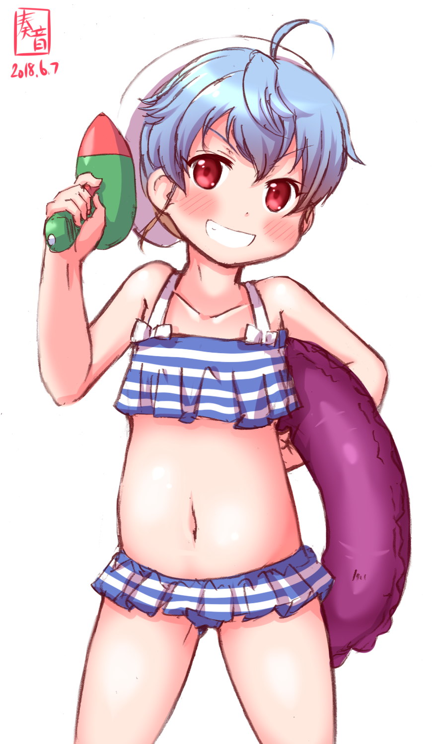 1girl artist_name bikini blue_bikini blue_hair commentary_request cowboy_shot dated frilled_bikini frills grin highres innertube kanon_(kurogane_knights) kantai_collection looking_at_viewer navel red_eyes sado_(kantai_collection) short_hair simple_background smile solo striped striped_bikini swim_cap swimsuit water_gun white_background