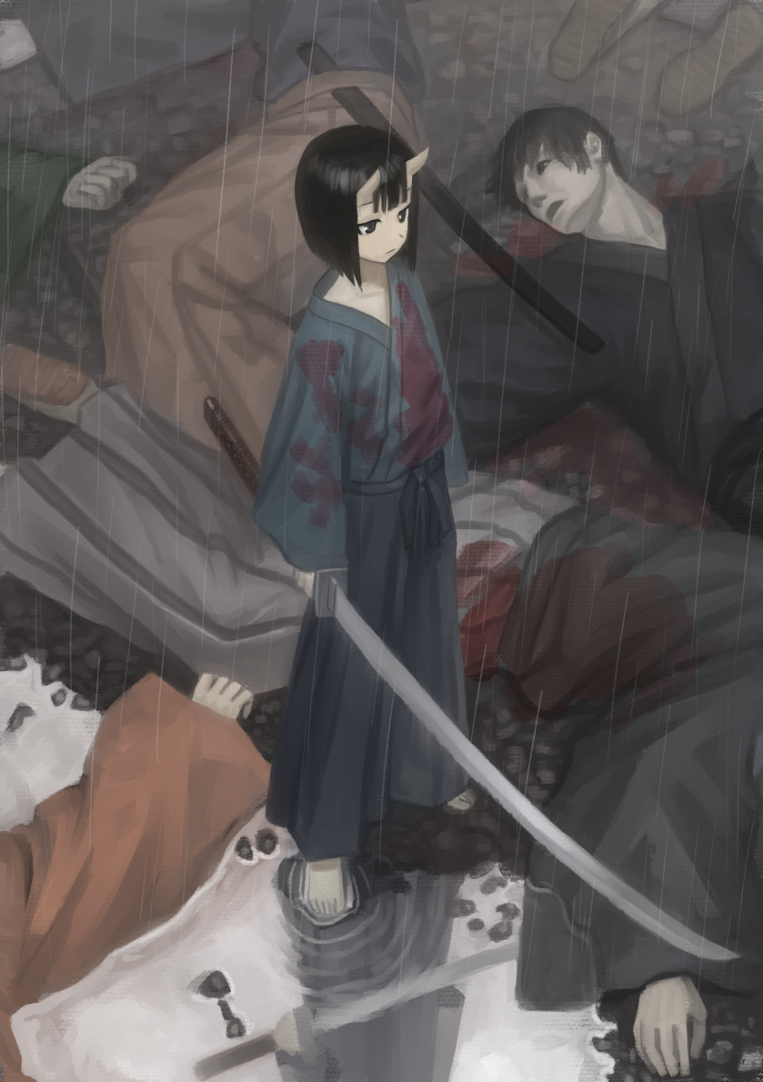 1girl bangs barefoot black_eyes black_hair blood blood_splatter bloody_clothes blue_hakama blue_robe bob_cut commentary corpse death dot_nose expressionless from_above hakama holding holding_sword holding_weapon japanese_clothes looking_afar murder oni oni_horns ootachi original puddle puffy_sleeves rain reflection short_hair standing sword wasabi60 weapon