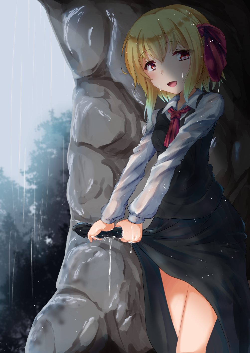 1girl bangs black_skirt black_vest blonde_hair breasts cave clouds cloudy_sky commentary_request cowboy_shot cravat day dress eyebrows_visible_through_hair hair_between_eyes hair_ribbon highres long_sleeves looking_at_viewer open_mouth outdoors rain red_eyes red_neckwear ribbon rody_(hayama_yuu) rumia shirt short_hair skirt sky small_breasts solo touhou vest water_drop wet wet_clothes wet_hair white_shirt wing_collar wringing_clothes wringing_dress wringing_skirt
