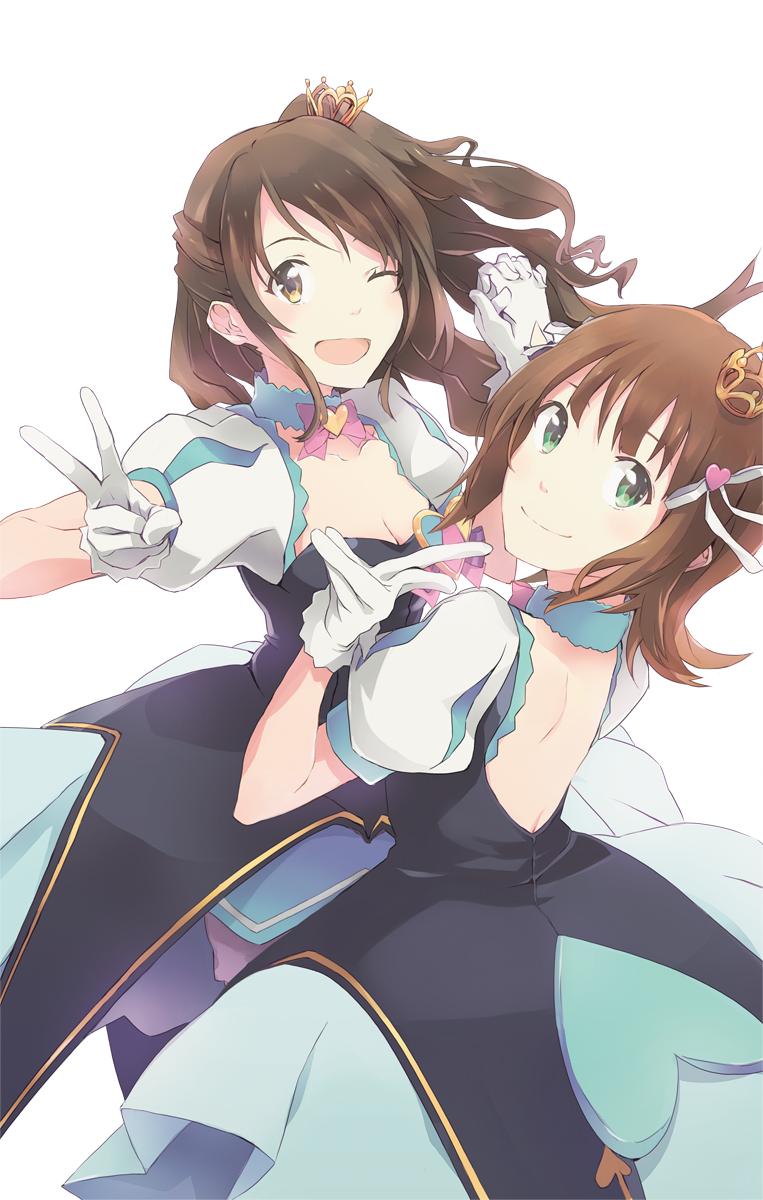 2girls ;d backless_outfit bangs blue_choker bow bowtie breasts brown_eyes brown_hair character_request choker cleavage commentary_request crown dress gloves green_eyes hair_ribbon half_updo hand_holding heart highres idolmaster idolmaster_million_live! long_hair looking_at_viewer looking_back medium_hair multiple_girls one_eye_closed one_side_up open-back_dress open_mouth pink_neckwear ribbon shimamura_uzuki short_sleeves simple_background smile star!! v white_background white_gloves white_ribbon yoshito