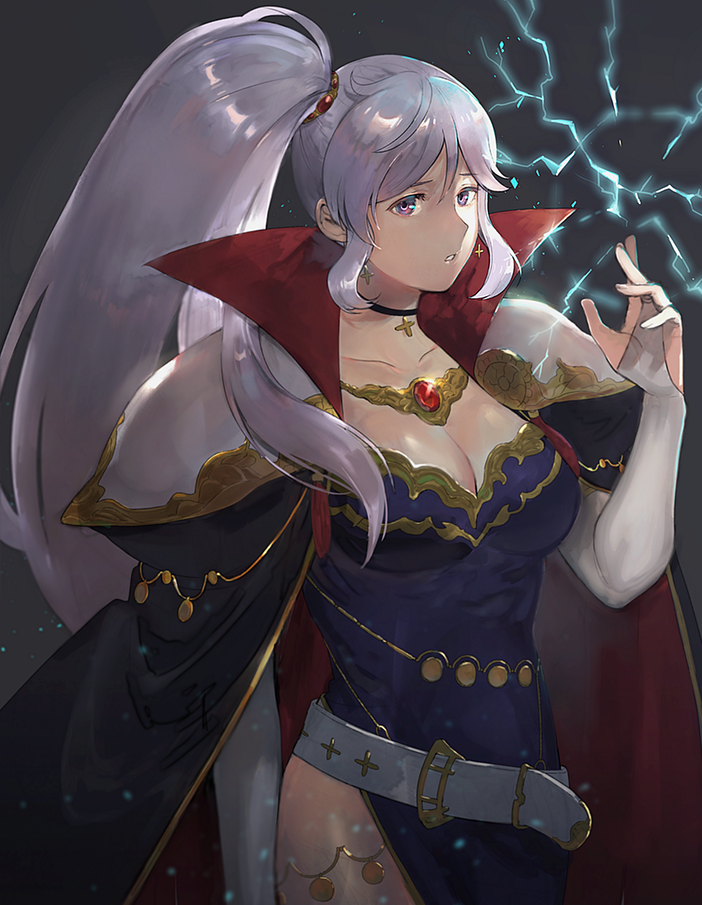 1girl bangs belt black_cape breasts bridal_gauntlets cape choker cleavage collar collarbone collared_cape cross cross_earrings dress earrings elbow_gloves electricity fire_emblem fire_emblem:_seisen_no_keifu gem gloves highres ishtar_(fire_emblem) jewelry kyufe large_breasts lightning lips necklace parted_lips pauldrons ponytail purple_dress side_ponytail side_slit sidelocks silver_hair solo thighlet violet_eyes white_gloves