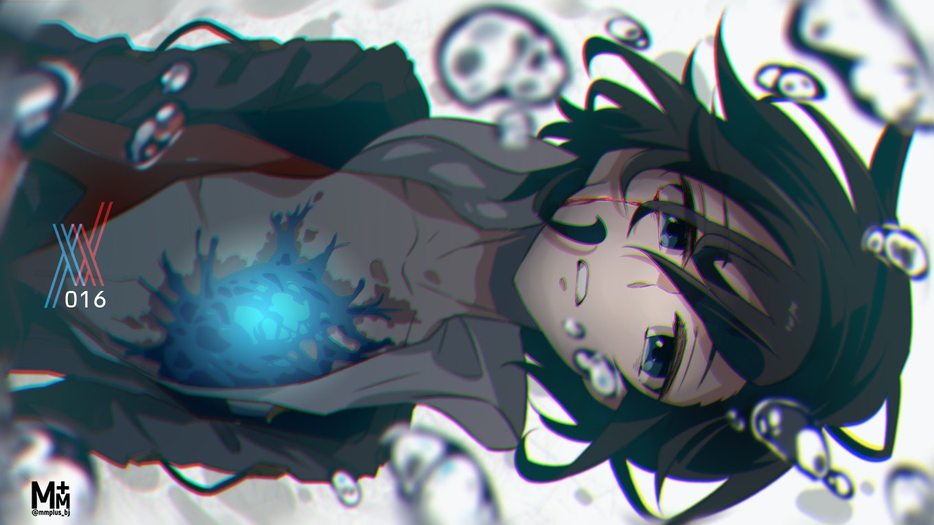 1boy bangs black_hair blood blood_on_face blue_eyes bubble chest_scar commentary_request darling_in_the_franxx him_bj hiro_(darling_in_the_franxx) looking_at_viewer male_focus military military_uniform necktie open_clothes red_neckwear scar short_hair signature solo submerged uniform