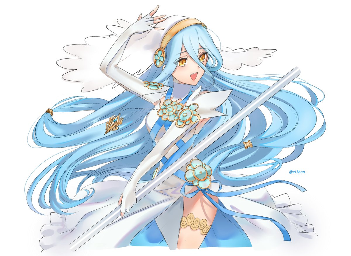 1girl aqua_(fire_emblem_if) bare_shoulders blue_hair dancer dress ei1han fingerless_gloves fire_emblem fire_emblem_if gloves jewelry long_hair solo veil white_dress white_gloves yellow_eyes