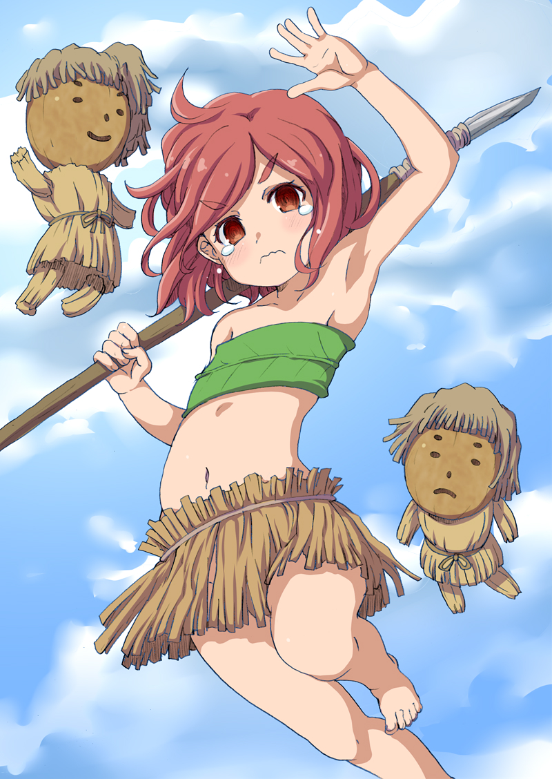 1girl armpits bare_shoulders barefoot blue_sky blush clouds coconut crying doll grass_skirt hinamatsuri_(manga) holding holding_spear holding_weapon leaf_bra mao_(hinamatsuri) nana-ine navel outdoors polearm red_eyes redhead sky solo spear standing standing_on_one_leg tears wavy_mouth weapon