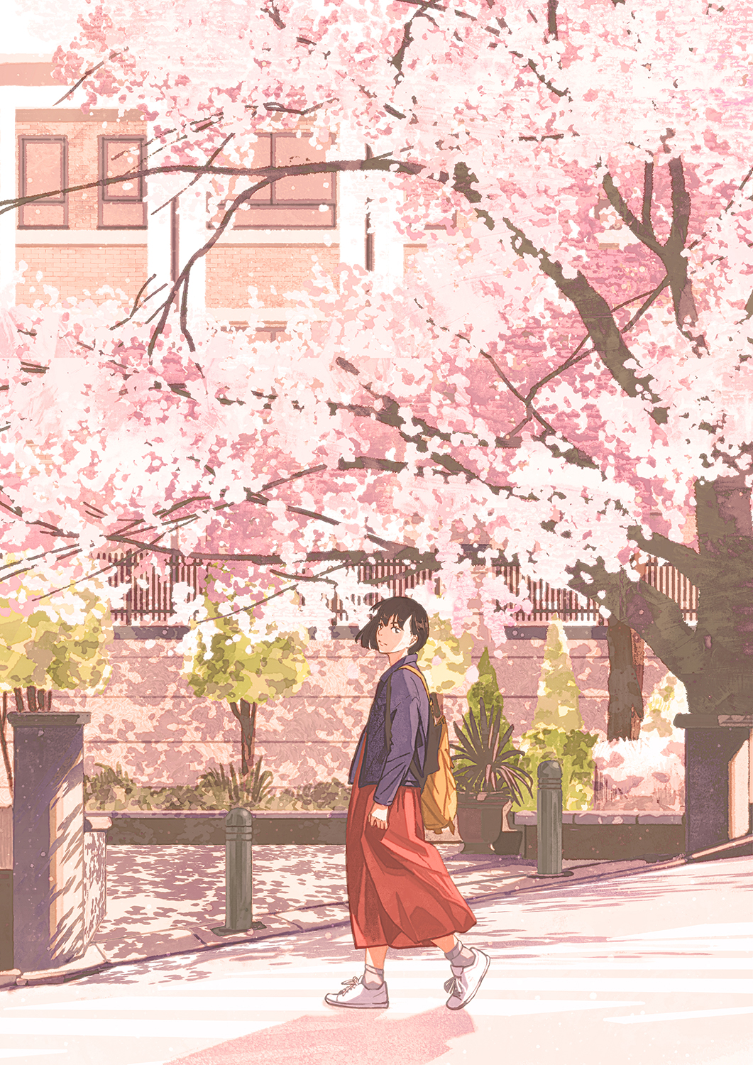 1girl arm_at_side backpack bag black_hair blue_jacket building cherry_blossoms dappled_sunlight day gemi highres jacket looking_at_viewer original outdoors plant potted_plant red_skirt scenery shoes short_hair skirt sneakers solo standing sunlight white_footwear window