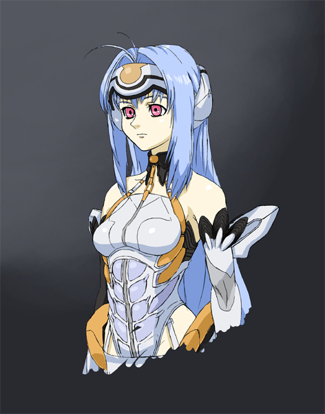 1girl android bare_shoulders blue_hair breasts commentary_request elbow_gloves expressionless forehead_protector gloves kos-mos leotard long_hair solo very_long_hair white_leotard xenosaga