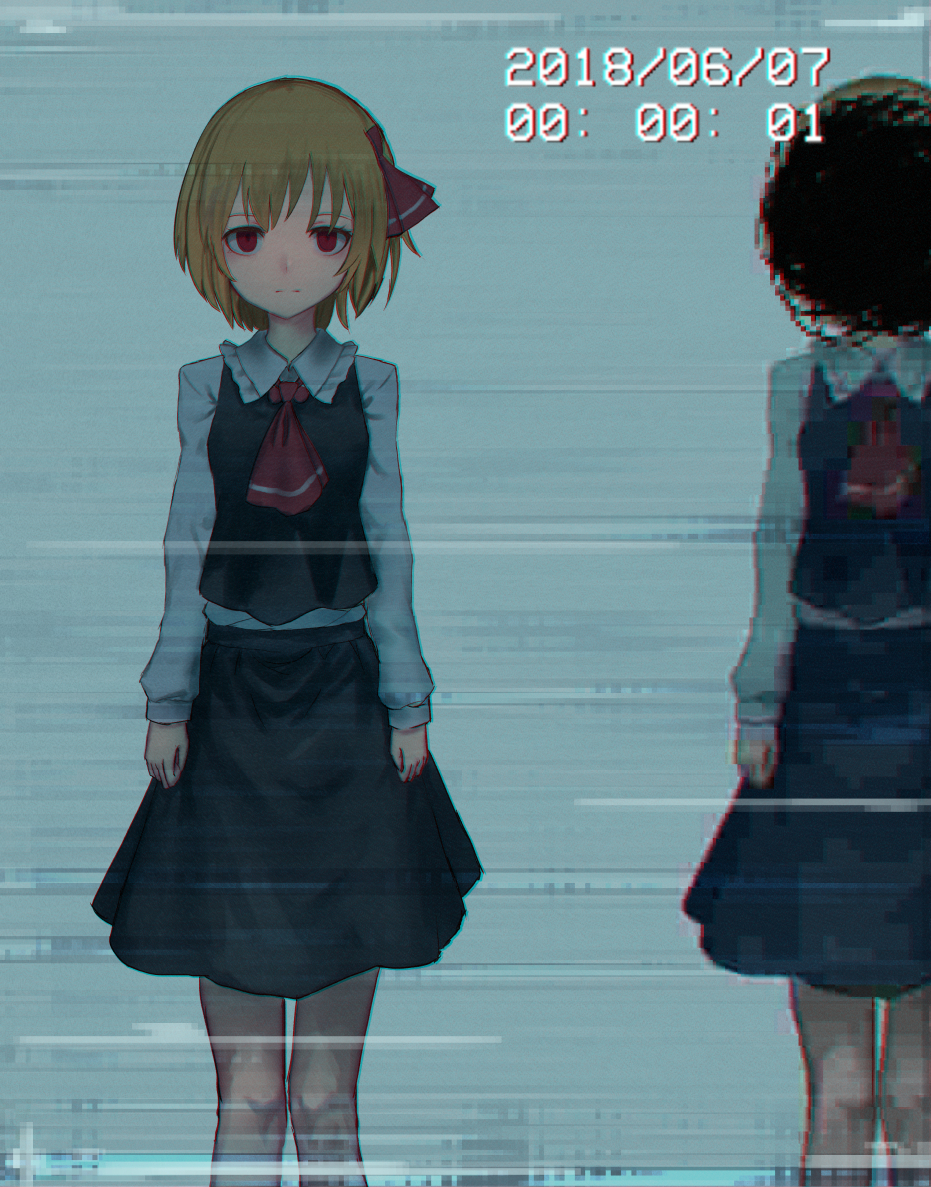 1girl ascot black_skirt blonde_hair blouse cowboy_shot darkness dated empty_eyes feet_out_of_frame long_sleeves pixelated red_eyes red_neckwear roke_(taikodon) rumia short_hair skirt standing timestamp touhou vhs_artifacts white_blouse