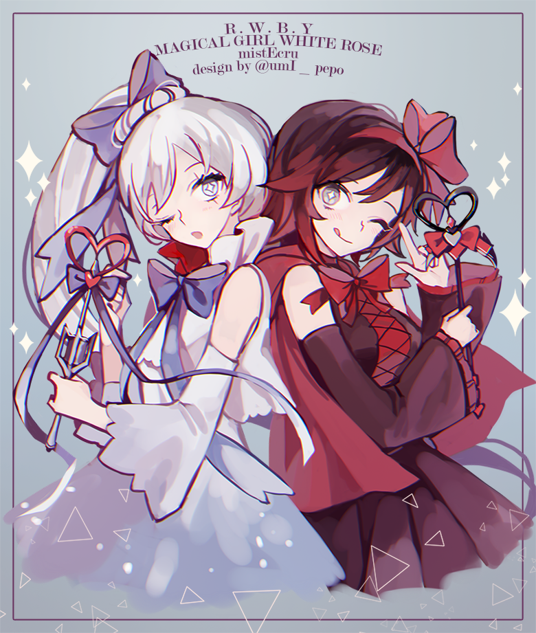 2girls commentary_request crescent_rose ecru english korean_commentary magical_girl multiple_girls myrtenaster one_eye_closed ribbon ruby_rose rwby scar scar_across_eye star star-shaped_pupils symbol-shaped_pupils wand weiss_schnee