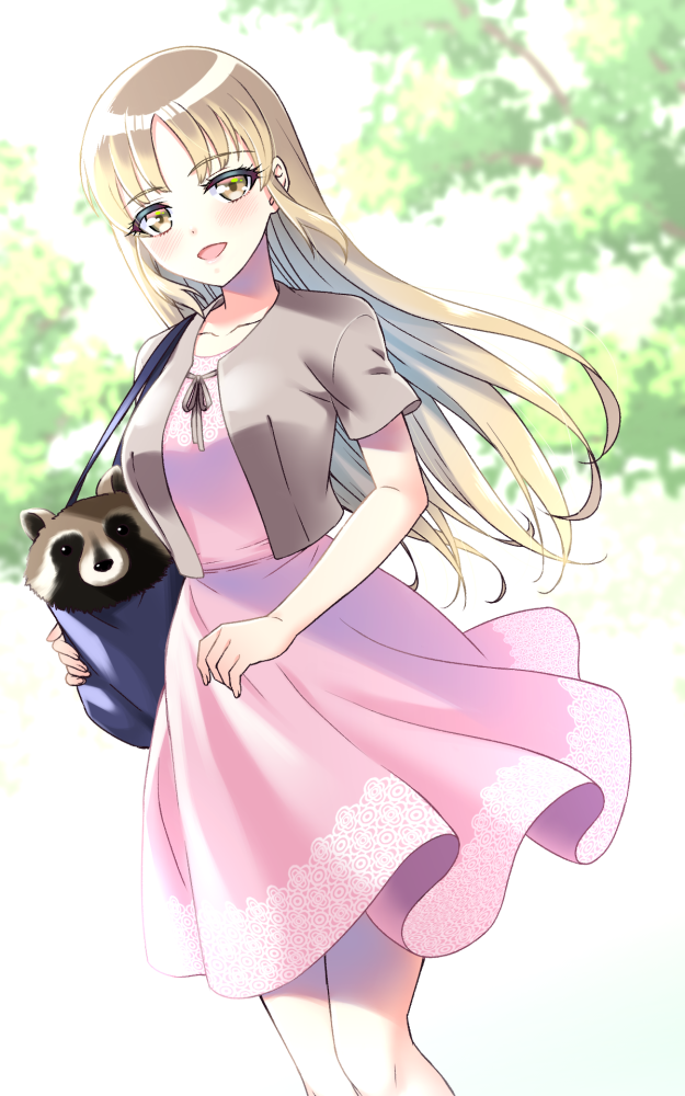 1girl :d animal bag bangs blonde_hair blurry blurry_background blush brown_eyes brown_jacket collarbone commentary_request day depth_of_field dress dutch_angle eyebrows_visible_through_hair fingernails jacket long_hair nijisanji open_clothes open_jacket open_mouth outdoors parted_bangs pink_dress raccoon shirihime shoulder_bag sister_cleaire smile solo very_long_hair virtual_youtuber
