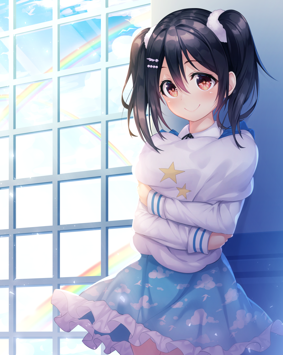 1girl against_wall bangs black_hair blue_skirt cloud_print frilled_skirt frills hair_between_eyes hair_ornament hairpin indoors kokkeina_budou light_blush long_sleeves looking_at_viewer love_live! love_live!_school_idol_project pillow pillow_hug print_pillow print_skirt rainbow red_eyes skirt smile solo star star_print twintails window wing_hair_ornament yazawa_nico