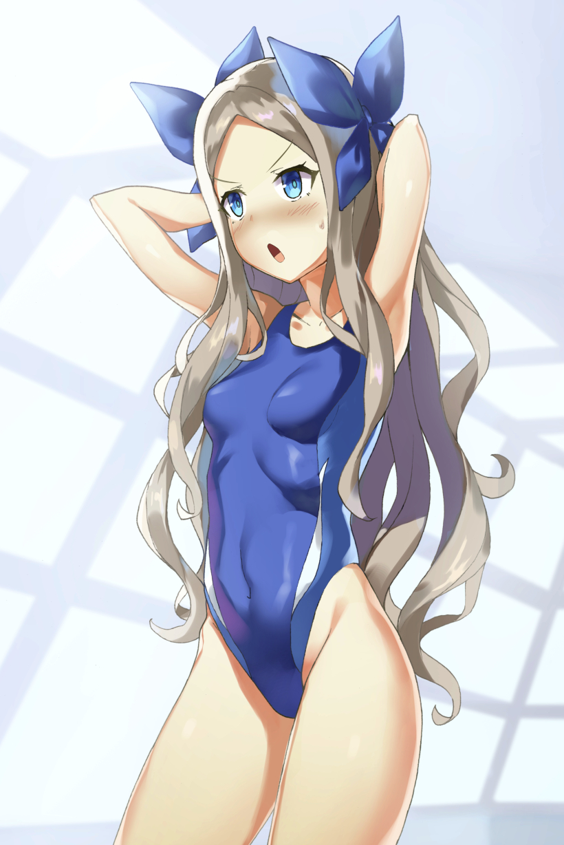 1girl alternate_costume arms_behind_head asakaze_(kantai_collection) bangs blue_bow blue_eyes blue_swimsuit blush bow brown_hair competition_swimsuit cowboy_shot embarrassed forehead hair_bow highleg highleg_swimsuit highres kantai_collection light_brown_hair long_hair one-piece_swimsuit parted_bangs pooor_(stillul711) rei_no_pool sidelocks solo swimsuit wavy_hair