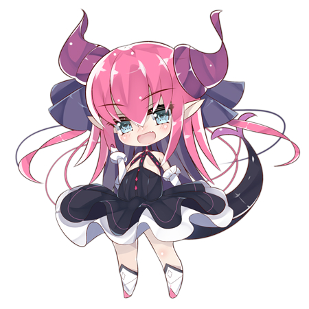 1girl asymmetrical_horns bangs black_dress black_ribbon blue_eyes blush boots breasts cer_(cerber) chibi closed_mouth curled_horns detached_sleeves dragon_girl dragon_horns dragon_tail dress elizabeth_bathory_(fate) elizabeth_bathory_(fate)_(all) eyebrows_visible_through_hair fate/extra fate/extra_ccc fate_(series) full_body hair_between_eyes hair_ribbon hand_up horns knee_boots long_hair long_sleeves lowres pink_hair pointy_ears ribbon simple_background small_breasts smile solo standing tail tail_raised very_long_hair white_background white_footwear